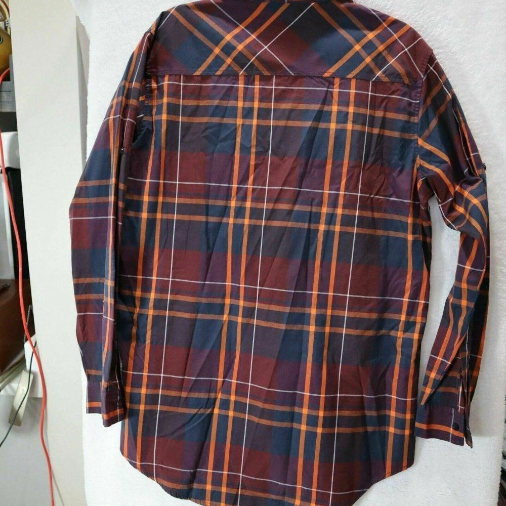 Akademiks Button UP Shirt Men XL Red oran Long Sleeve Cotton Plaid Chest Pockets - Picture 5 of 5